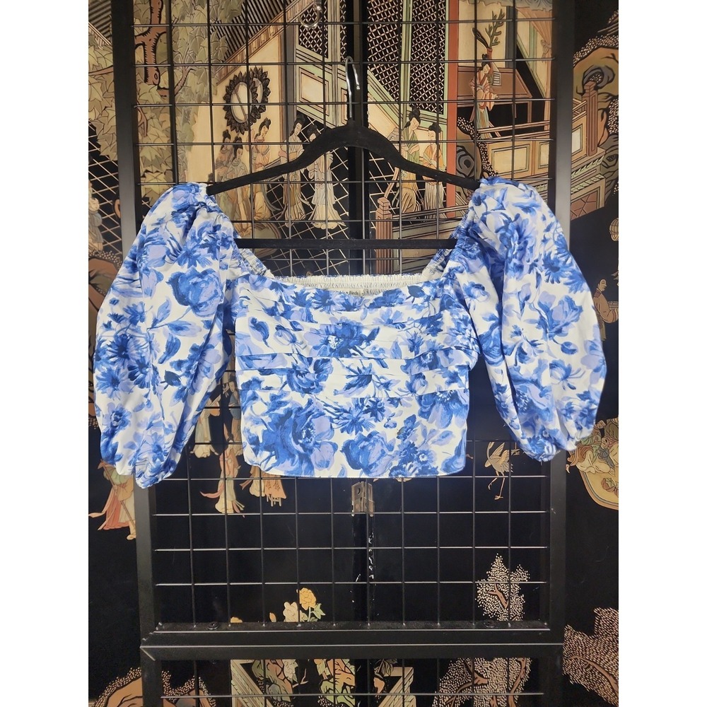 Abercrombie & Fitch Blue‎ White Floral Toile Puff Sleeve Crop Top Size S